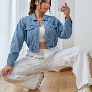 Flap Detail Drop Shoulder Crop Denim Jacket