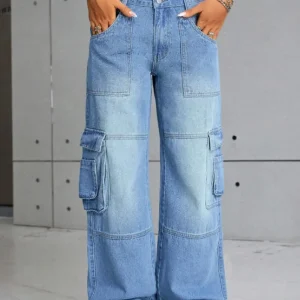 Loose Fit Washed Denim Jeans With Multi-pocket Design