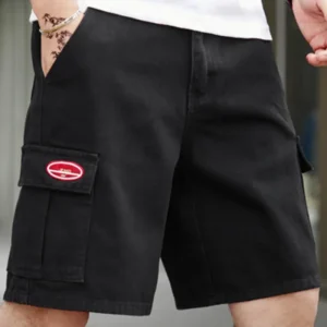 Men Cotton Letter Patched Flap Pocket Denim Shorts