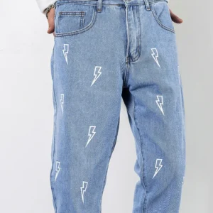 Men Cotton Lightning Print Tapered Jeans