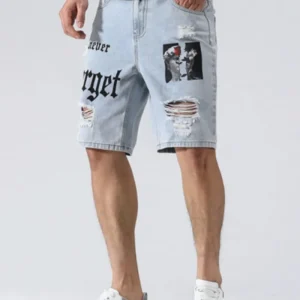 Men Figure & Letter Graphic Ripped Denim Shorts