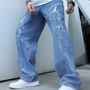 Men Lightning Print Wide Leg Jeans