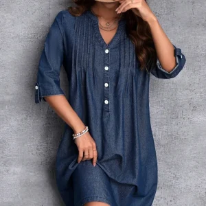 Press Crease Detail Roll Tab Sleeve Fold Pleated Detail Button Front Denim Dress