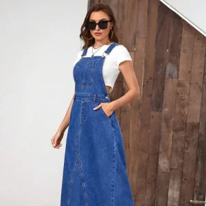 Slant Pocket Denim Overall Denim Dress Without Tee