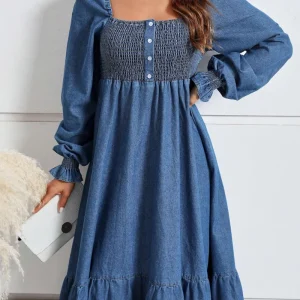 Square Neck Button Front Ruffle Hem Denim Dress