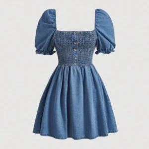 Square Neck Puff Sleeve Button Front Denim Dress